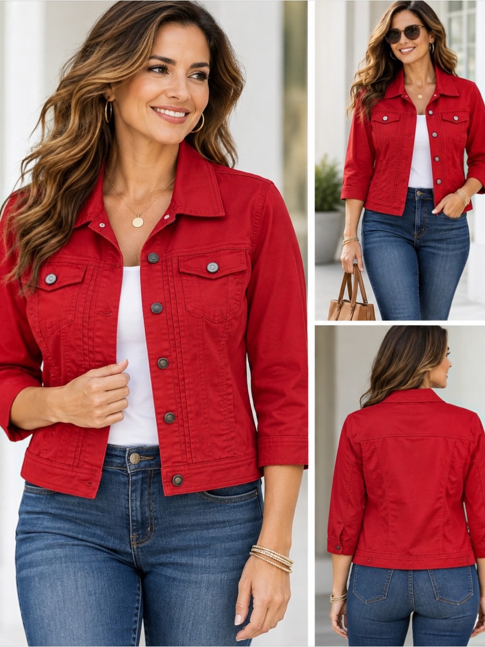 Dressbarn Red Denim Jean Jacket Women’s L 3/4 Sleeve Stretch Trucker Cotton